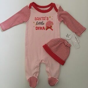 NEW (0-3M) Baby Footie and Matching Hat Pink + Red Stripe “Santa's Little Diva”